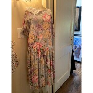 VTG NWT-90s Pier 1 Passport FLORAL Print W/FANCY COLLAR BOHO MIDI TEA DRESS SZ M
